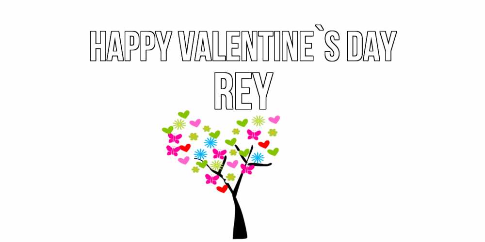 Greetings card с именем, Rey Happy Valentine`s Day дерево из бабочке и сердечек Greetings with text for free download 